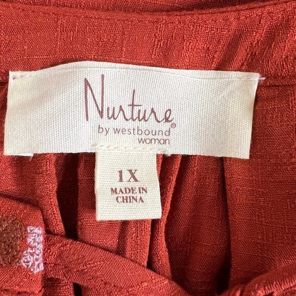 Nurture by Westbound Womens Tunic Top 1X Burnt Orange Embroidered Boho Peasant - Picture 4 of 8